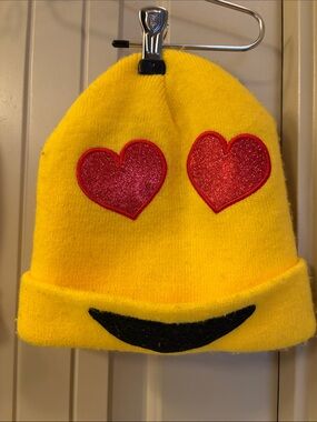 Emoji Kids Knit Beanie with Red Heart-Eye Appliqués